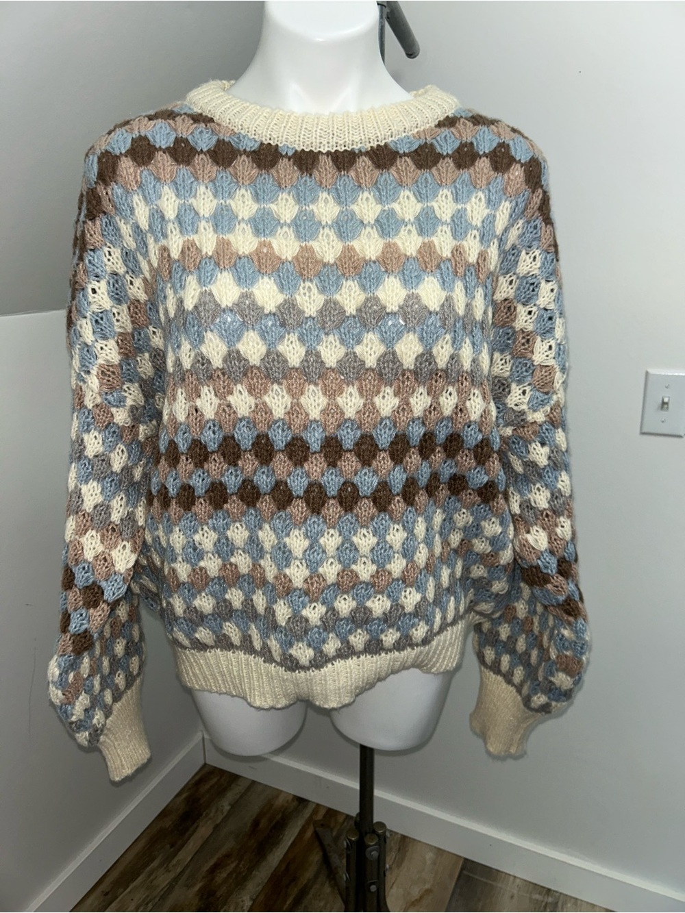 Blu Pepper Grandma Chic Multi Color Open Knit Sweater Geometric fall pastels